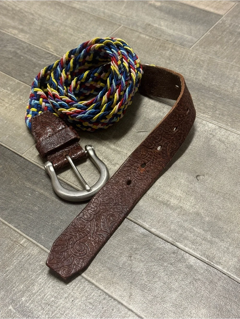 Braided Multicolor Rope & Embossed Brown Genuine Leather Men’s Belt Size 45–55